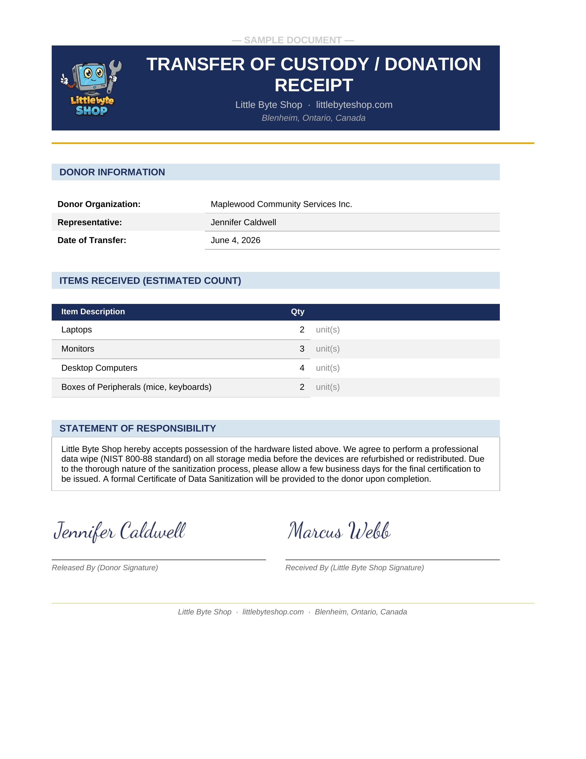 Sample Transfer of Custody Donation Receipt from Little Byte Shop